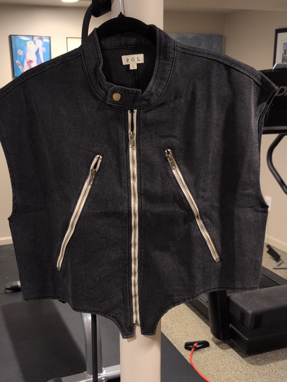 POL Washed Black Denim Sleeveless Zip-Front Jacket/Vest. Size L. NWOT